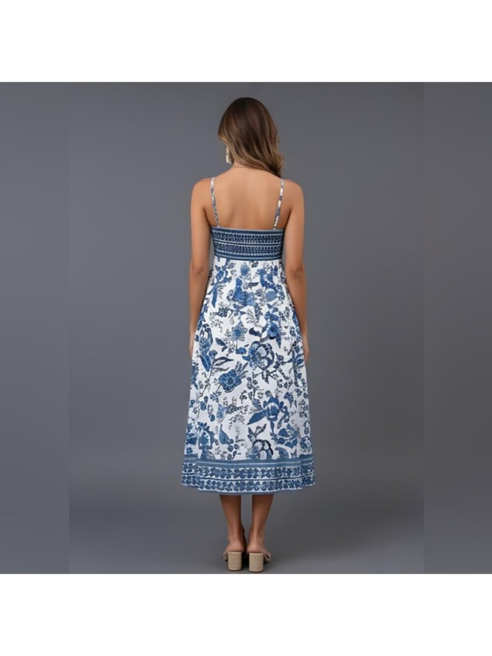 Blue/White Floral Spaghetti Strap Shirred Dress - Picture 4 of 8